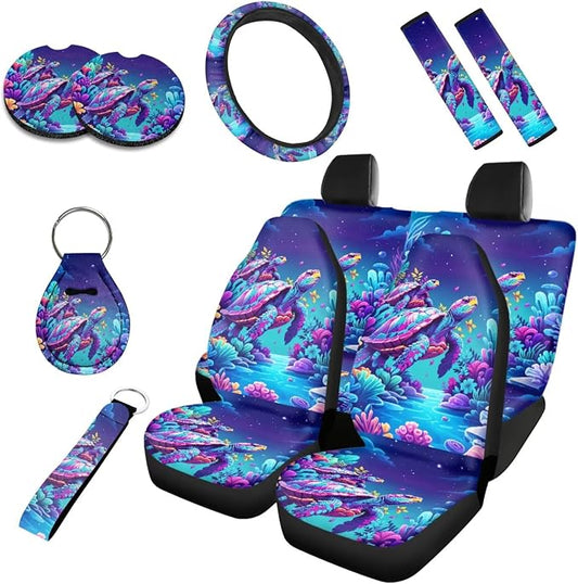 Trippy Sea Turtle Car Accessories Full Set, Colorful Underwater World Front Rear Seat Cover Coral Reef Turtle Matching Steering Wheel Cover Seatbelt Pads Cup Mat Keychain