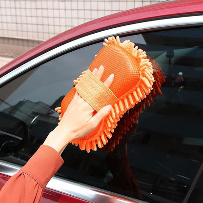 Microfiber Car Wash Sponge, Scratch-Free Vehicle Washing Mitt with Chenille & Mesh Sides, Highly Absorbent Sponge Lint-Free Cleaning Tool for Car Washing & Detailing (Orange)