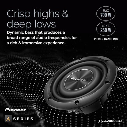 Pioneer A-Series TS-A2000LD2 8” Subwoofer – 700W Max, Shallow-Mount Design, Deep Bass in Tight Spaces