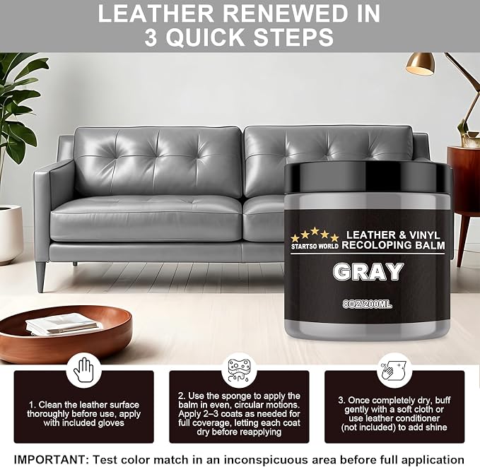 STARTSO WORLD Gray Leather Recoloring Balm, Leather Repair Kit for Furniture,Couches & Car Seats, Leather Paint, Leather Color Restorer, Leather Scratch Remover
