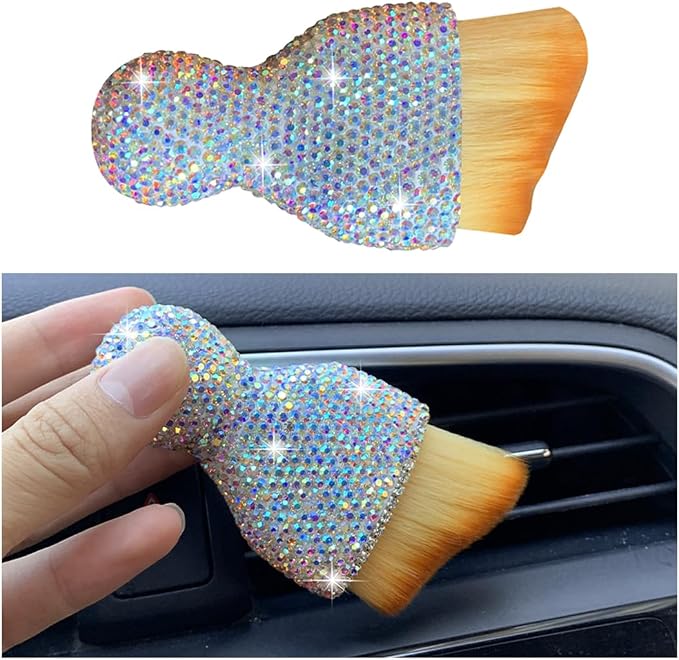 Bling Car Interior Dust Brush, Crystal Rhinestone Soft Auto Detailing Cleaning Brush, Sparkling Diamond Vehicle Dashboard Air Vent Cleaner for Women Girls, Universal for Vehicles (AB Color)