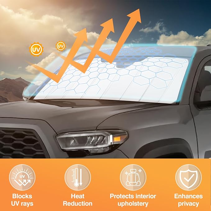 KUST Windshield Sun Shade for Toyota Tacoma 2018-2022 2023 Foldable Thicken Window Sunshade UV Protection Keep Cool Sunshield Easy Install Sun Visor Accessories Aluminum Film