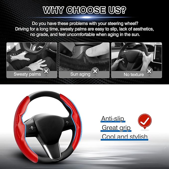 Canvcle Steering Wheel Cover for Tesla Model 3/Y 2016-2025 2026 Highland/Juniper Accessories Carbon Fiber Steering Wheel Cover Protector Non-Slip, Comfortable, Breathable, Model 3/Y Accessories, Red