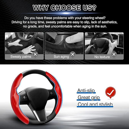 Canvcle Steering Wheel Cover for Tesla Model 3/Y 2016-2025 2026 Highland/Juniper Accessories Carbon Fiber Steering Wheel Cover Protector Non-Slip, Comfortable, Breathable, Model 3/Y Accessories, Red