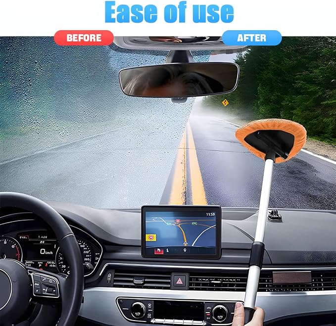 Windshield Cleaning Tool, Car Window Cleaner with Extendable Long Handle and 4 Washable Reusable Microfiber Pads, Auto Interior Exterior Glass Wiper Cleaning Kit Universal for Office and Home (Orange)