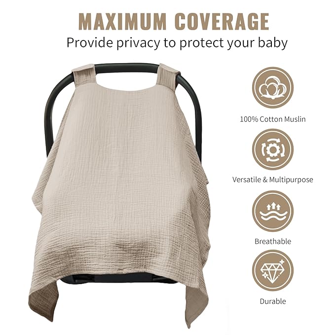 Metplus Muslin Car Seat Cover for Babies, 100% Cotton Breathable Infant Carseat Canopy for Summer, Lightweight Stroller Sunshade Covers for Newborns (Cereal)