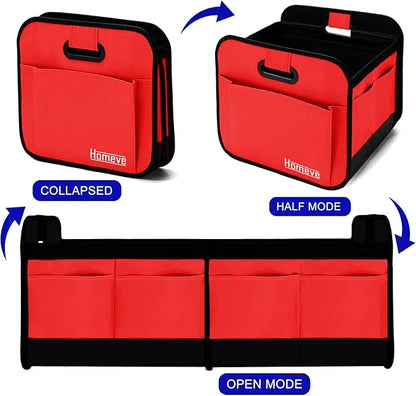 Homeve Car Trunk Organizer for SUV, 18.5Gal Large Capacity No-Sag Heavy Duty, Foldable Waterproof Anti-Slip Storage with 12 Pockets, Fit Sedan, Truck, Universal Car Accessories, Red, 2 Compart, Large