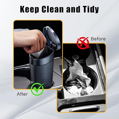 Car Trash Can Cup Holder with 2 Garbage Bags, Leakproof Silent Mini Trash Can with Lid for Car, Press & Pop, Small Automotive Garbage Bin for SUV, Truck, Office, Home, Bedroom
