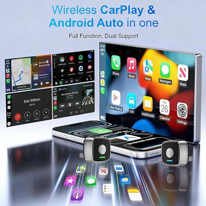 Mini Wireless CarPlay Adapter for iPhone & Android Auto 2026 Upgrade 2-in-1, Wired to Wireless Carplay, One-Touch Switch, Fast & Stable Connection, Plug & Play, for iOS 10+ & Android 11+, Cars 2016+