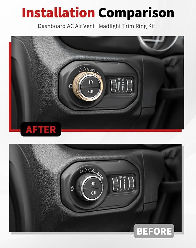 JWWY JL AC Air Vent Trim Rings & Dashboard Headlight Switch Decor Switch Knob Cover Kit Fit for 2018-2023 Jeep Wrangler JL JLU Interior Accessories, Aluminum Alloy 8PCS Gold