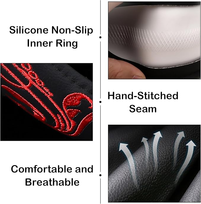 Red Embroidery Butterfly Car Steering Wheel Cover,14.5-15 Inch Universal Leather Covers Breathable Anti-Slip Odorless Steering Wheels Accessories for Men Women