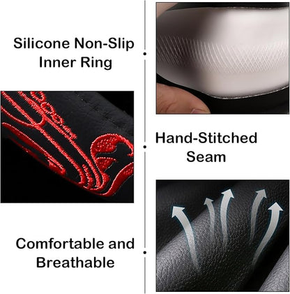 Red Embroidery Butterfly Car Steering Wheel Cover,14.5-15 Inch Universal Leather Covers Breathable Anti-Slip Odorless Steering Wheels Accessories for Men Women