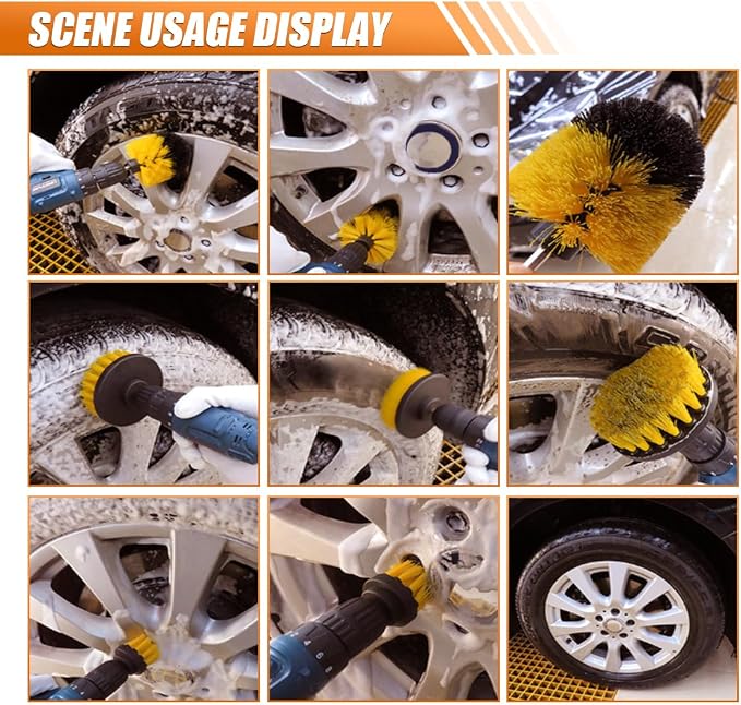 3PCS Car Detailing Drill Brush Set, Car Interior Power Scrubber Brush, Wheel Cleaner Drill Brush, Car Wash Cleaning Kit for Floor, Grout, Car Mats, Tub, Tile, Bathroom, Carpet (Yellow)