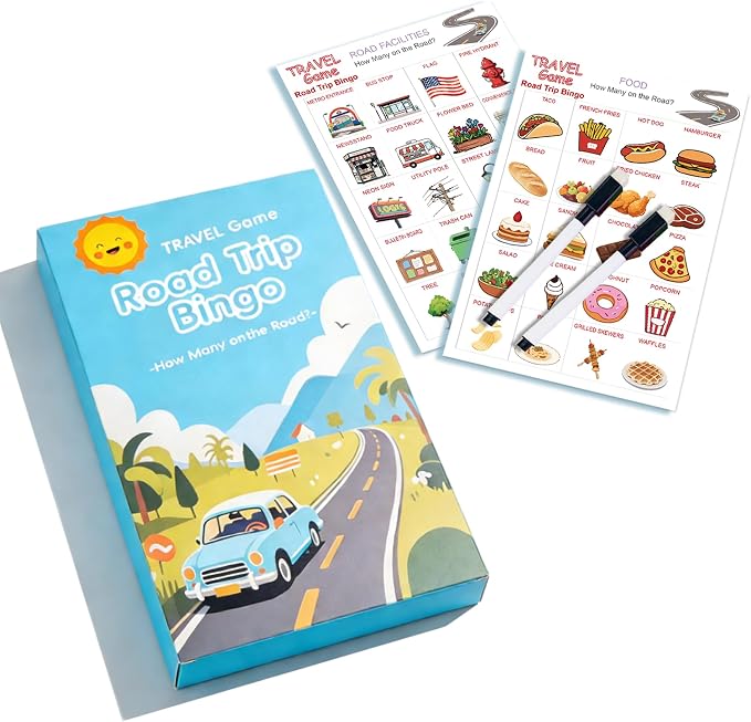 Road Trip Bingo Travel Game for Kids | 8 Double-Sided Cards, 14 Themed Categories, Car Activities