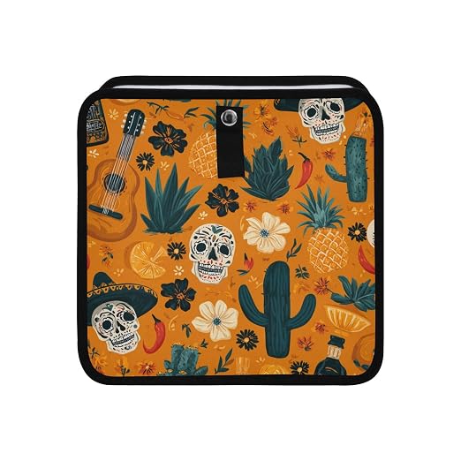 Car Trash Can Organizer Bin with Adjustable Strap for Back Front Seat Console Waterproof Leakproof Collapsible Portable 8.66 Inch Orange Day Of The Dead Skull Cacti