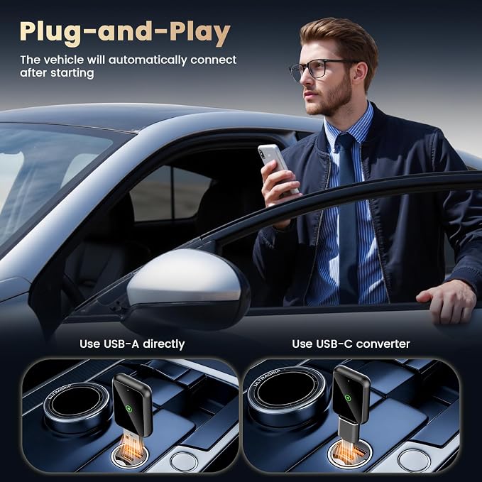 Mini 2-in-1 CarPlay Wireless Adapter, Android Car Wireless Adapter, Plug & Play, USB-A/C, Fast Stable Connection, Compatible with iOS 10+ and Android 11+, OTA Upgrade, Black