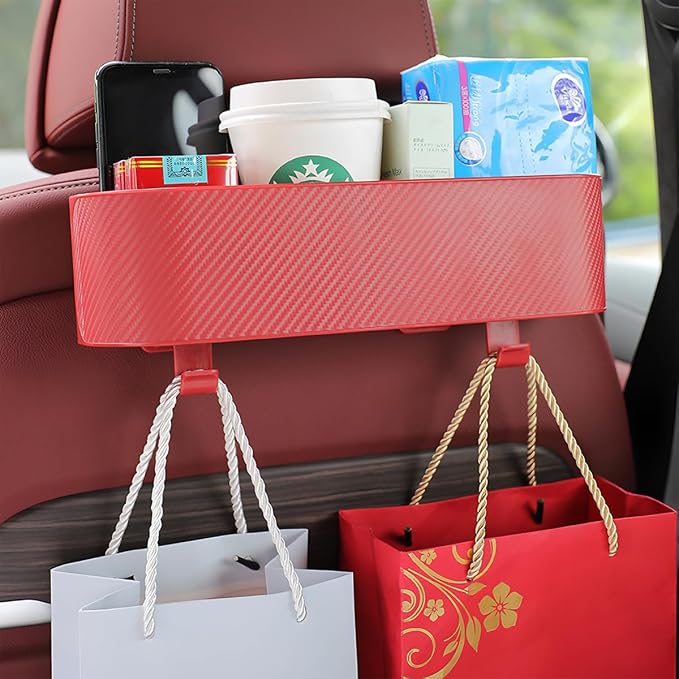 BELOMI Car Headrest Backseat Organizer with Cup Holder, Seat Back Hanging Storage Box with Hooks, Multi-Functional Drink Pocket Food Snack Phone Tray for Kids, Car Travel Accessories (Red)