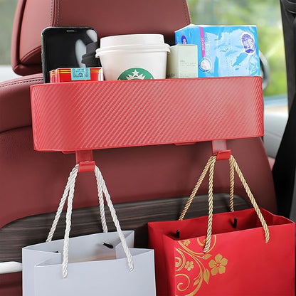 BELOMI Car Headrest Backseat Organizer with Cup Holder, Seat Back Hanging Storage Box with Hooks, Multi-Functional Drink Pocket Food Snack Phone Tray for Kids, Car Travel Accessories (Red)