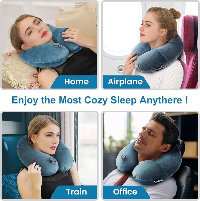 Keemall Inflatable Travel Neck Pillow for Airplane Sleeping Blow Up Neck Support Air Pillow Traveling on Plane Long Flights Washable