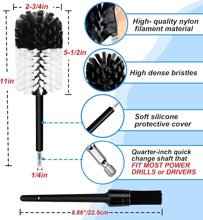 Wheel Brush Kit, Soft Drill Wheel Cleaner Brush, No Scratches Highly Dense Car Cleaning Brush Set for Wheels, Rims, Engines, Exhaust(White/Black,2Pcs)