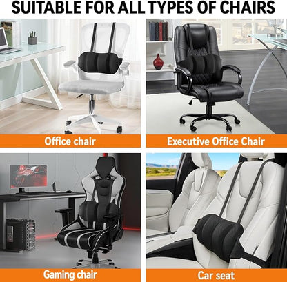 Lumbar Support Pillow for Office Chair & Car,Back Support for Office Chair,Adjustable Straps Securely Fixed Seat (Black)
