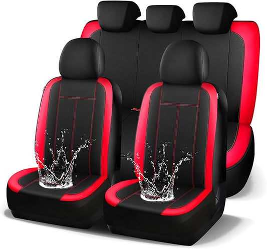 HChengkikz Car Seat Covers Full Set, Waterproof Neoprene Seat Covers, Airbag Compatibable,Universal Automotive Comfort Protection for Most Cars, Trucks, SUVs (Black + Red)