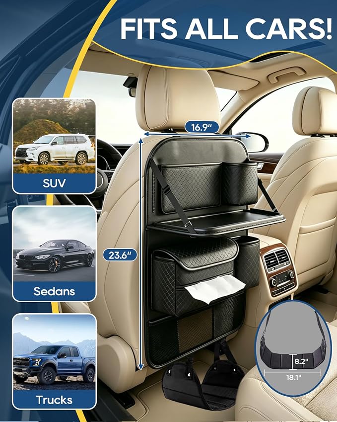 4PACK Leather Car Backseat Organizer with Foldable Table Tray, 6 Storage Pockets Back Protectors Foot Rests, Universal Backseat Car Organizer for Pets and family Road Trip(Black)