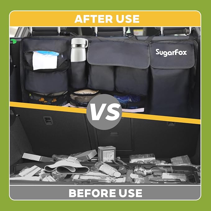 SugarFox Backseat Hanging Trunk Organizer for SUVs, Cars, Trucks & MPVs | Multi-Pocket Storage with Anti-Slip Straps | Space-Saving Auto Accessory | Gift for Drivers | Black, 37.8" x 18.1" - K230