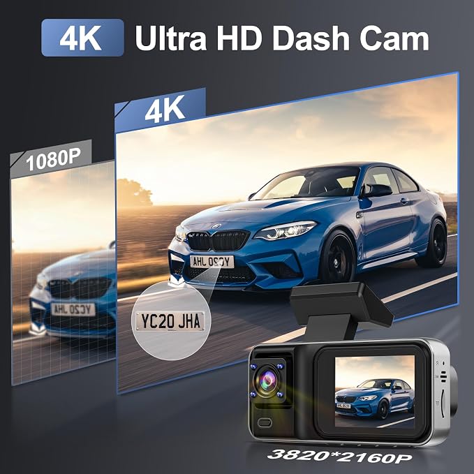 3 Channel 4K Dash Cam with 5GHz WiFi & APP Control, 4K+1080P+1440P Dash Cam Front and Rear Inside with 64GB Card, Dash Camera for Cars with Night Vision, Loop Recording, 24H Parking Mode, G-Sensor