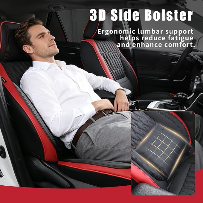 Car Seat Covers , Luxury Breathable Waterproof Faux Leatherette Car Seat Covers Cushion Protectors with Lumbar Support, Car Seat Cushion, Universal Fit Most Cars (Black-Red, Front Seats - 2 PCS)