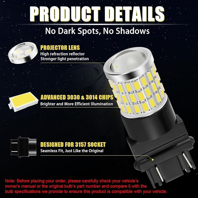 iBrightstar 3157 LED Bulb White, 4157 3156 LED Reverse Light Bulbs Super Bright for Tail Brake Lights Backup Lights Turn Signal Lights, 2 Pack