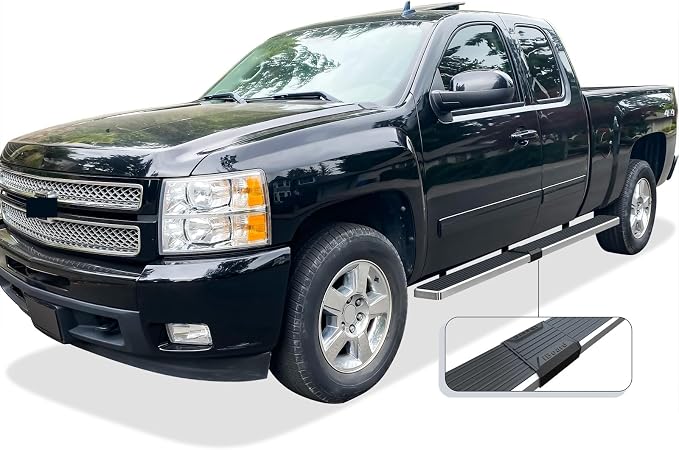 APS (Silver 6in Wheel to Wheel 304 Stainless Steel) Running Boards Nerf Bars Side Steps Compatible with Chevy Silverado GMC Sierra 1500 2500 1999-2013 Double Cab 6.5ft Bed & 2500HD 3500 2001-2014