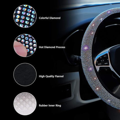 Car Sparkly Steering Wheel Cover Bedazzled for Women Girls, Large Size 15 1/2''-16'' inch Colorful Bling Anti-Slip Wheel Protector, Black