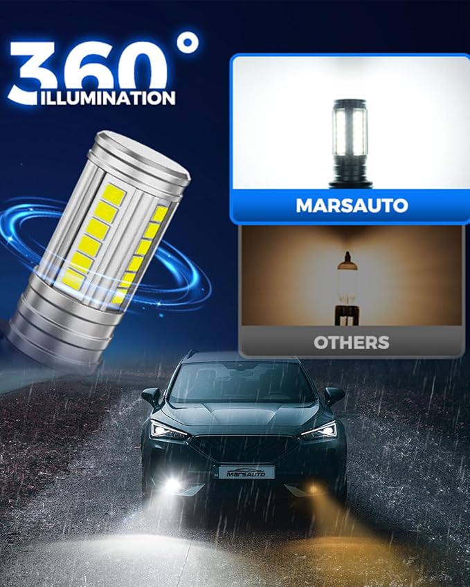 Marsauto H11 H16 H8 Led Fog Light Bulb 12,000LM, 1:1 Size 360° Illumination H16 H8 Fog Lights Led, 600% Bright Strong Penetration, Upgraded LED Chips H11 Fog Light Bulbs for Car, Tail Light Covers