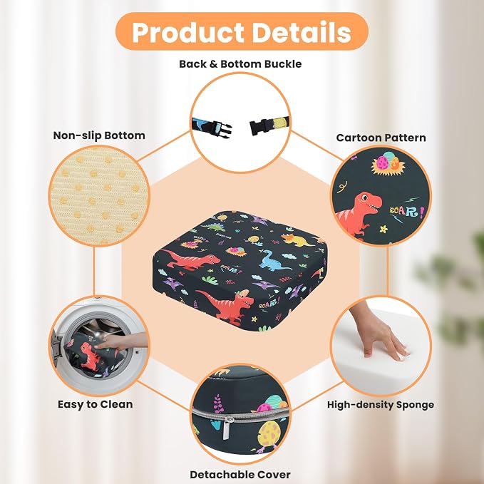 Toddler Booster Seat for Dining Table, 4" Kids Booster Seat for Kitchen Chair with Non-Slip Bottom, Portable Detachable Washable Increasing Cushion with 2 Adjustable Straps (Dinosaur)