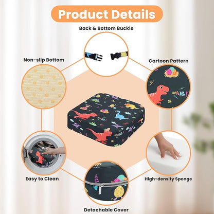 Toddler Booster Seat for Dining Table, 4" Kids Booster Seat for Kitchen Chair with Non-Slip Bottom, Portable Detachable Washable Increasing Cushion with 2 Adjustable Straps (Dinosaur)