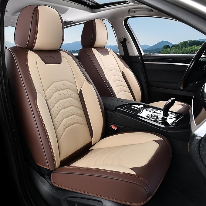Coverado Seat Covers, Car Seat Covers Front Seats, Faux Leather Automotive Seat Covers Luxury Waterproof Car Seat Cover Protectors Carseat Cover Universal Fit for Most Cars Trucks SUV, Coffee&Beige