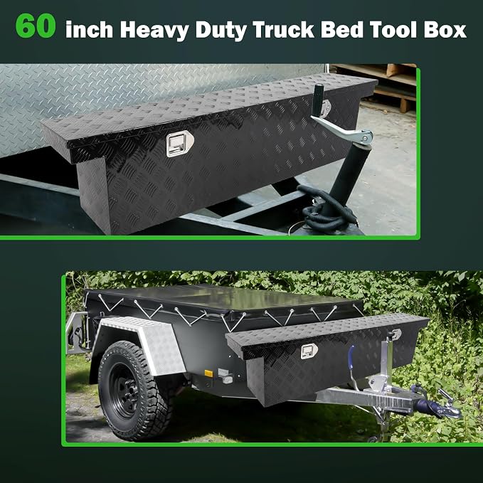 SCITOO 60" Aluminum Diamond Plate Truck Bed Tool Box,Heavy Duty Crossover Storage for Most Full Size Pickups,Lockable Weatherproof Chest,Fits 60"WX14"DX14"H Truck Beds,Easy Access to Load and Unload