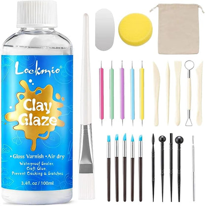 3.4FL OZ Air Dry Clay Glaze & 25pcs Tool Kit, Gloss Clay Varnish Protective Sealant to Prevent Cracking, Scratching & Wear - Pottery Tools for Stippling, Carving, Molding & Shaping Clay Crafts (Gloss)