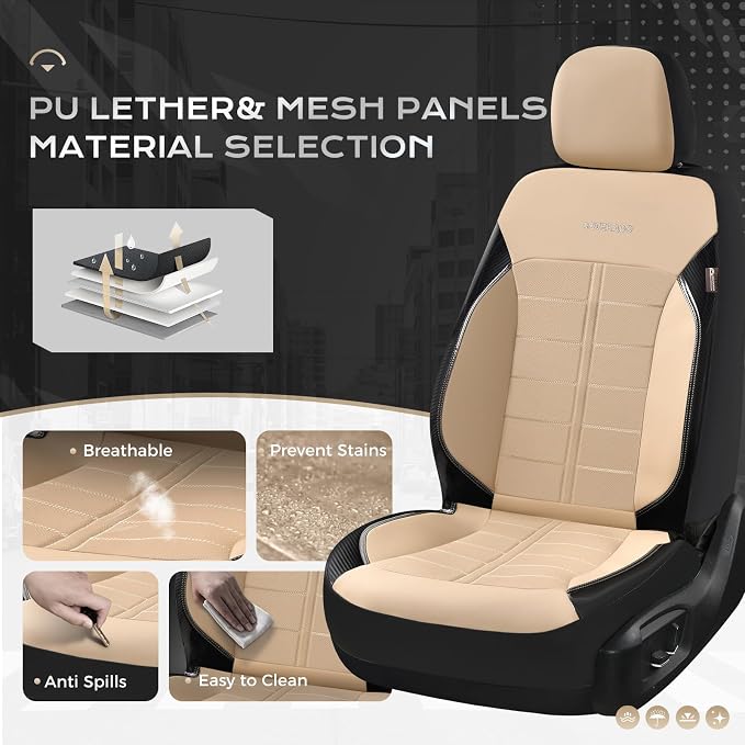 Coverado Full Set Leather Car Seat Covers, Crafted with Full Leather Construction and Carbon Fibre Weave Universal Fit for Most Cars SUV Trucks(Beige
