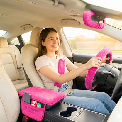 5 Pcs Fuzzy Pink Color Car Accessories Set, Soft Fluffy Plush Steering Wheel Cover, Center Console Armrest Pad & Rearview Mirror Cover - Interior Decorations for Women,Universal Fit (Pink)