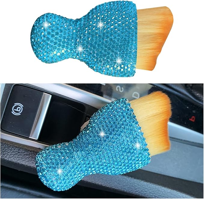 Bling Car Interior Dust Brush, Crystal Rhinestone Soft Auto Detailing Cleaning Brush, Sparkling Diamond Vehicle Dashboard Air Vent Cleaner for Women Girls, Universal for Vehicles (Blue)