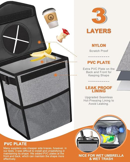 Pritent Car Trash Can with Lid, Cute Leakproof Car Trash Garbage Bag Hanging Vehicle Trash Bin Small Portable Automotive Garbage Cans Organizer for Back/Front Seat/Console(2.8 Gallons,Grey)