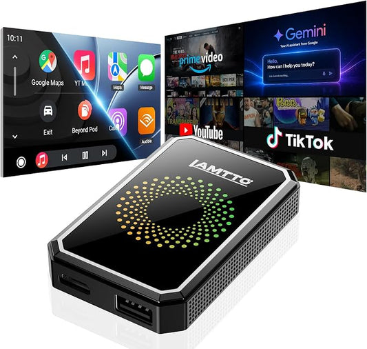 LAMTTO Wireless CarPlay and Android Auto Adapter with Gemini AI,4-in-1 Magic AI Box Video Player for YouTube TikTok, Dual WiFi,HD Media Port,USB Drive,Mirror Link for OEM Wired Carplay Cars 2016-2024