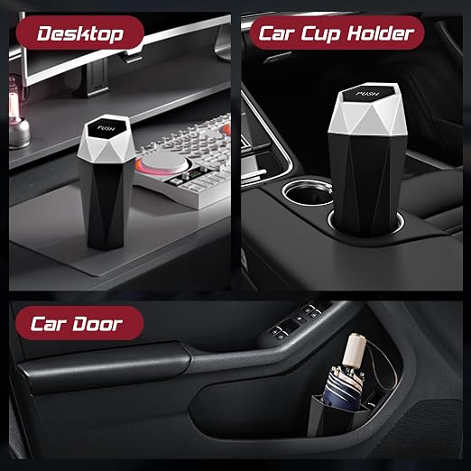 Car Trash Can with Lid, Mini Car Trash Cup with 30 Additional Trash Bags, Car Accessories for Interior, Leakproof Vehicle Garbage Bin for Car, Home, Office - 2 Packs, Silver