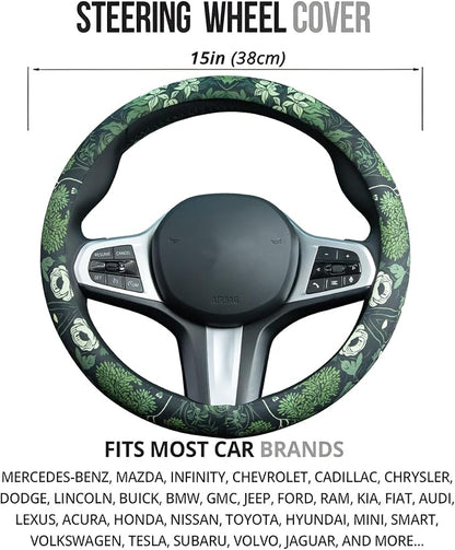 Sage Green Floral and Plant Steering Wheel Cover Auto Steering Wheel Protector, Anti-Slip, Breathable, Absorbing Sweat, Universal Plant Car Accessories 14.5–15 inch,Fit for Most Car, Trucks, SUV