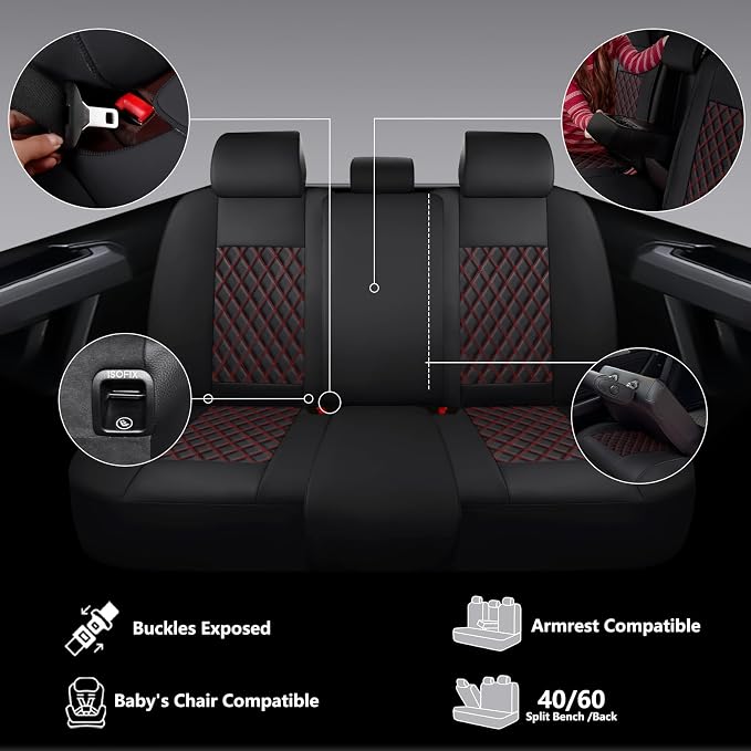 F150 Seat Covers, Custom Ford F150 Truck Seat Cover Fit for 2015-2025 F150 and 2017-2025 F250 F350 F450 Super Duty Crew Cab XL XLT Lariat King Ranch Platinum (Black red, Front and Rear(5 seats))