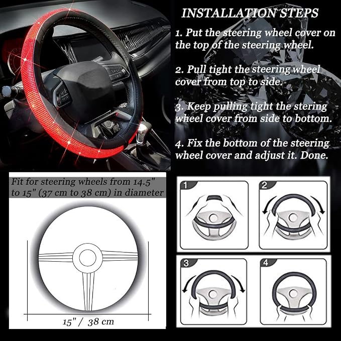 ChuLian New Diamond Leather Steering Wheel Cover with Bling Bling Crystal Rhinestones, Universal Fit 15 Inch Car Wheel Protector for Women Girls Red Diamond