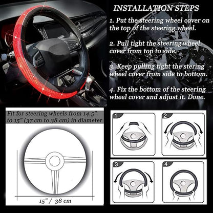 ChuLian New Diamond Leather Steering Wheel Cover with Bling Bling Crystal Rhinestones, Universal Fit 15 Inch Car Wheel Protector for Women Girls Red Diamond