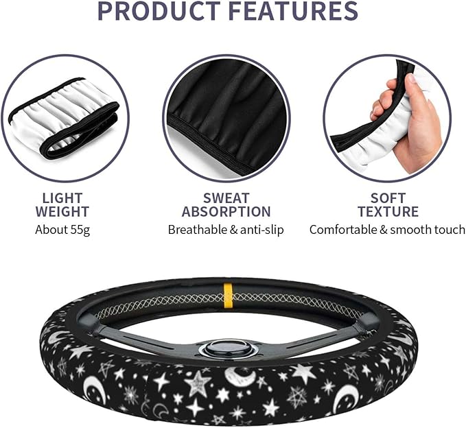 Moon and Star Steering Wheel Cover Car Accessories Cute for Women Girls Girly Universal 15 Inch Neoprene Auto Interior Decor Anti Slip Car Truck Protector